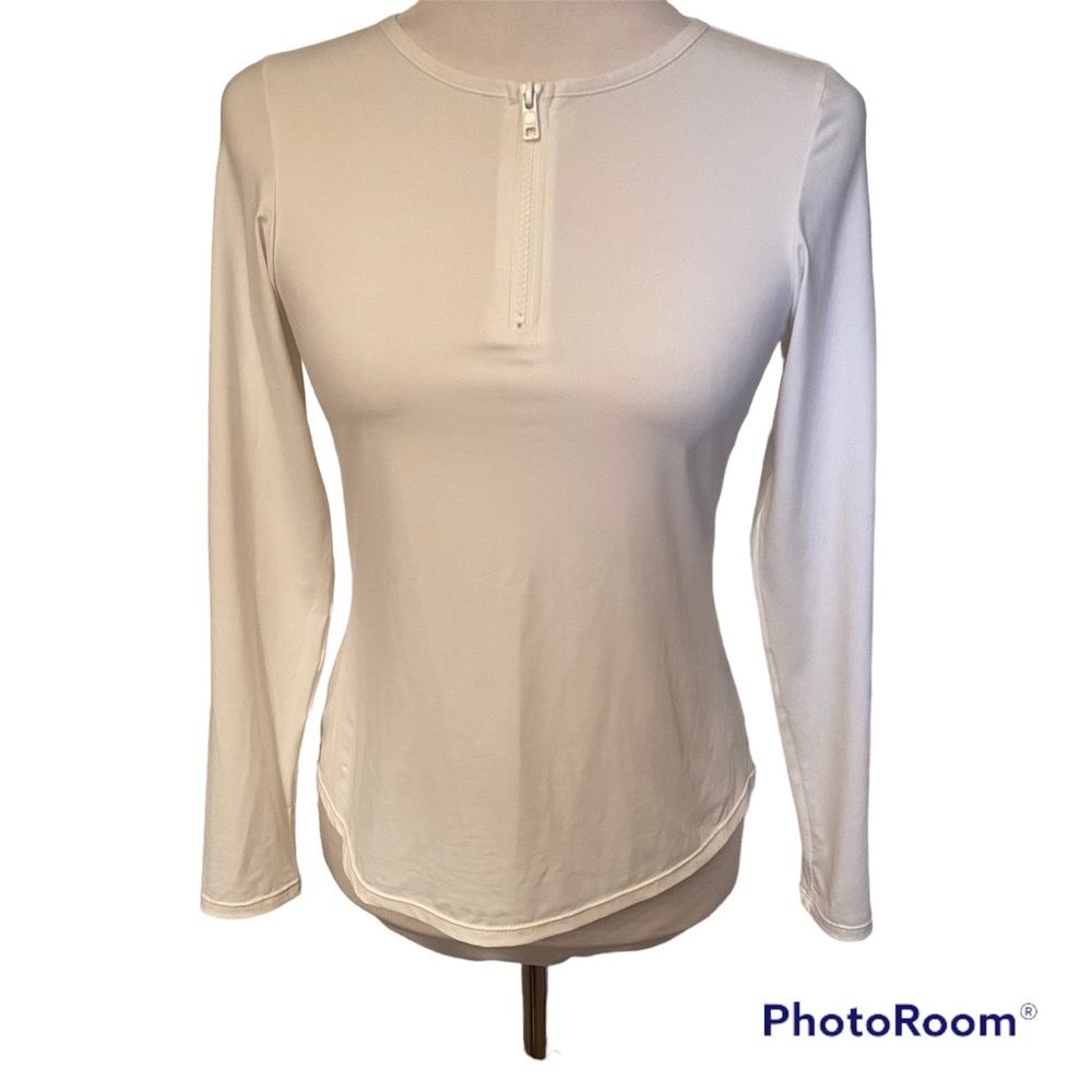 MYNAH ANTHROPOLOGIE TOP TEE WHITE STRETCH LONG SLEEVE ZIP CREWNECK SIZE S